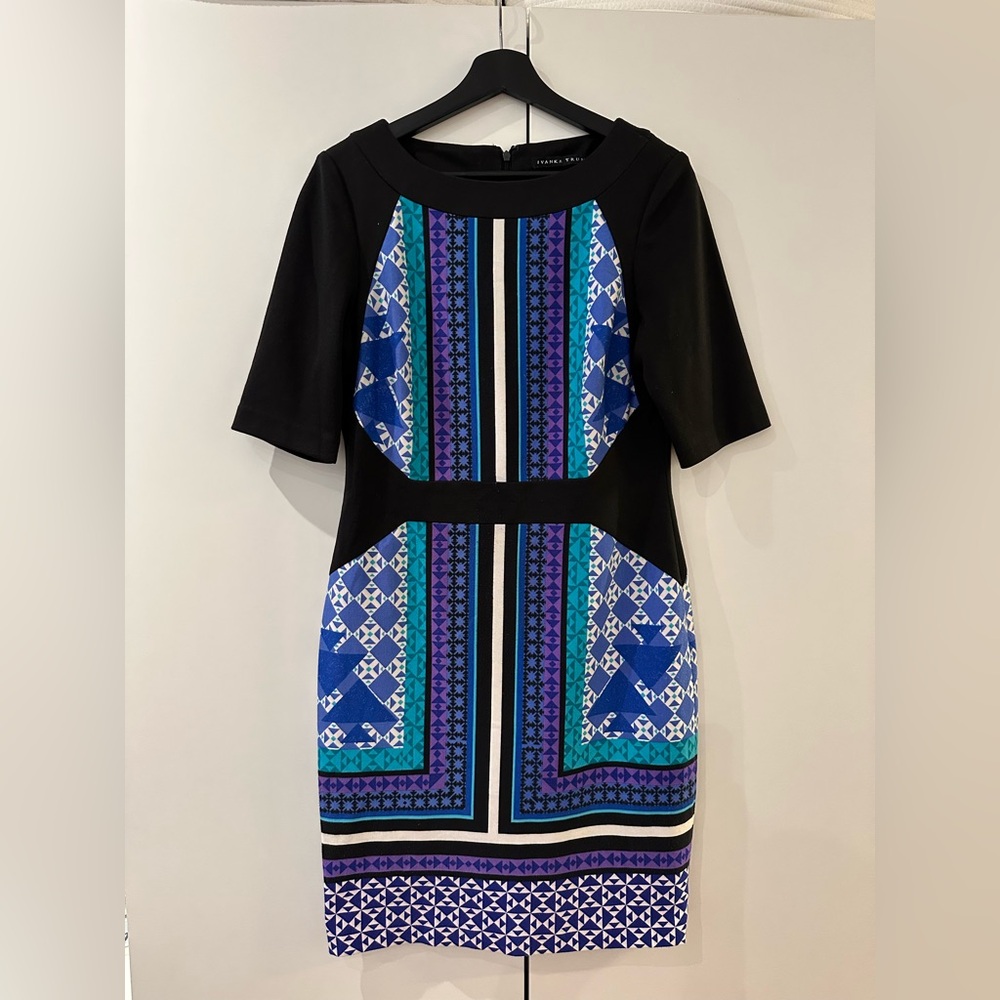Ivanka Trump Black Short Sleeved Sheath Dress w/ Blue & Purple Geometric Design